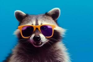 divertido mapache rosado lentes joven retrato fiesta mascota música antecedentes animal. generativo ai. foto