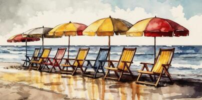 summer watercolor beach background chair tree resort relax rest vacation umbrella. Generative AI. photo