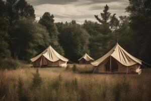 ligero tienda lujo lona naturaleza viaje vacaciones cámping bosque glamping generativo ai. foto