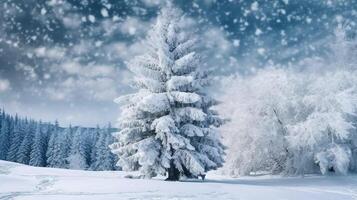 frost winter holiday tree new background fir christmas sky white snow year. Generative AI. photo