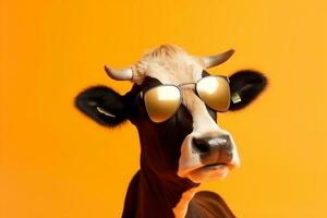 funny portrait sunglasses face character cow animal cute colourful head. Generative AI. photo