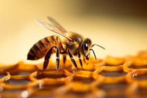 gold yellow pollen summer nature insect bee closeup macro background honey. Generative AI. photo