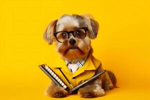 pet dog finance business animal yellow puppy humor financial funny background. Generative AI. photo