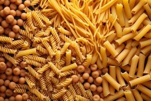 raw pasta spaghetti uncooked macaroni background group food ingredient italian healthy. Generative AI. photo