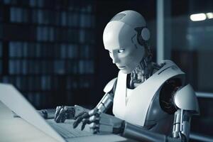 office hand paper laptop digital document artificial robot ai technology. . photo
