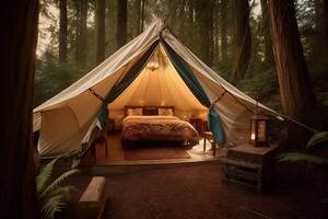 vacation nature travel luxury glamping camping canvas forest tent light. Generative AI. photo