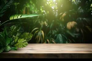 space podium green mock design palm leaf up wooden color platform. Generative AI. photo