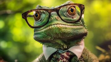 scale wildlife portrait lizard animal iguana green reptile glasses close-up. . photo