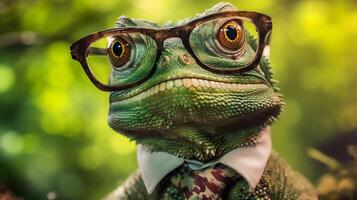 scale wildlife portrait lizard animal iguana green reptile glasses close-up. Generative AI. photo