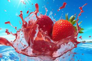 blue freshness red healthy food fresh strawberry splash background fruit water. Generative AI. photo