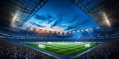 stadium light game arena sport football soccer goal green world. Generative AI. photo