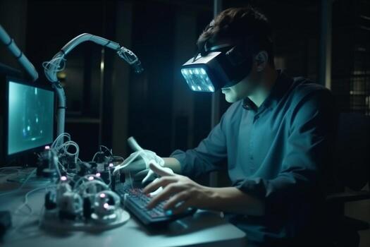 futuro hombre tecnología tridimensional ingeniero robótico robot 3d virtual lentes innovación tecnología. generativo ai. foto