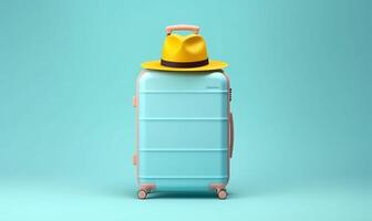 departure hat vacation holiday trip travel background baggage blue suitcase journey. Generative AI. photo