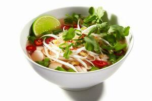 meal white traditional noodle asian dish broth bowl food soup background. Generative AI. photo