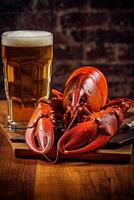 crawfish glass food beer snack seafood crab background alcohol crayfish red. Generative AI. photo