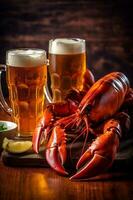 gourmet crayfish seafood red snack food background glass beer crawfish crab. Generative AI. photo