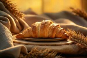 comida Mañana taza desayuno jarra antecedentes panadería bebida bokeh cuerno antecedentes mesa. generativo ai. foto