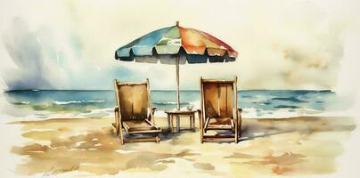 resort summer beach relax rest umbrella chair background vacation watercolor water. Generative AI. photo