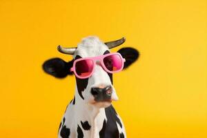 face head animal funny cute character portrait cow colourful sunglasses. Generative AI. photo