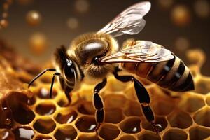 honeybee nature background macro closeup bee yellow gold insect honey pollen. Generative AI. photo