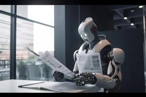 paper hand ai digital technology artificial laptop office robot document. . photo