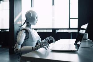 robot office paper artificial technology document laptop hand ai digital. . photo