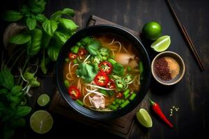 meal japanese chopstick soup noodle asian background food vegetable bowl hot. Generative AI. photo