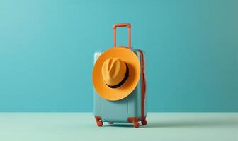 travel journey transportation blue vacation holiday background trip baggage hat suitcase. Generative AI. photo