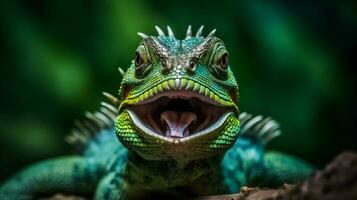 reptile iguana glasses scale close-up wildlife animal lizard green portrait. Generative AI. photo
