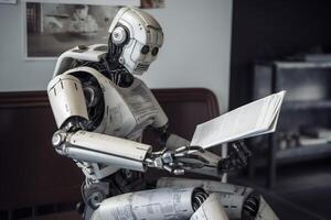 document laptop robot technology artificial office hand paper digital ai. . photo
