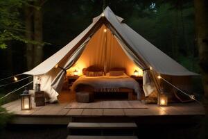 nature forest luxury travel glamping vacation camping tent light canvas. . photo