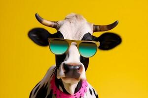 funny cow head colourful portrait animal face character sunglasses cute. Generative AI. photo