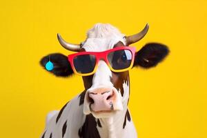 colourful face animal head sunglasses character portrait cow funny cute. Generative AI. photo