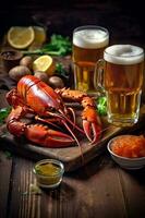 beer crab seafood snack glass red crawfish background gourmet food crayfish. Generative AI. photo