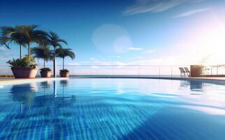 water luxury blue large pool swimming palm relaxation summer home. Generative AI. photo