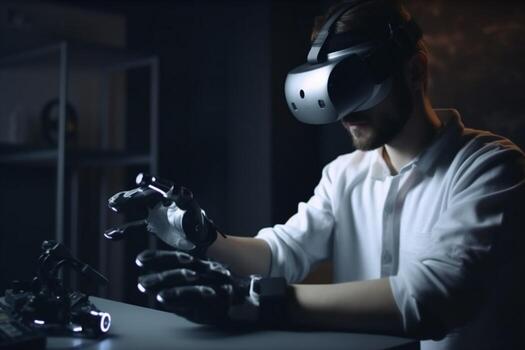 3d hombre tecnología tridimensional lentes innovación ingeniero robótico futuro robot ciberespacio virtual. generativo ai. foto