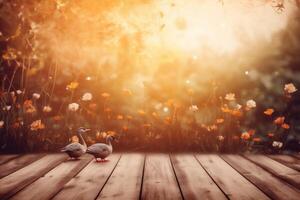 table design board background bokeh rustic wood leaf business flowers wooden. . photo