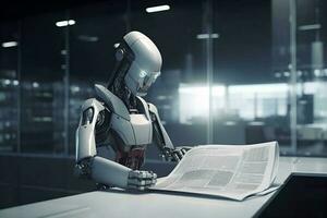 artificial robot document paper technology laptop digital office ai hand. Generative AI. photo