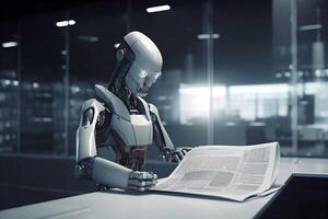 artificial robot document paper technology laptop digital office ai hand. . photo