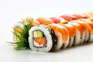 white set healthy sushi seafood food background japanese fish roll rice. Generative AI. photo