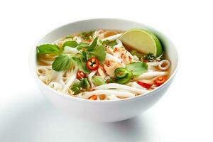 food background dish soup bowl plate traditional white asian broth noodle. Generative AI. photo