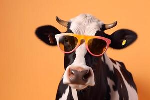 sunglasses character funny head portrait cute animal face cow colourful. Generative AI. photo