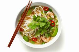 asian food vegetable traditional soup broth noodle bowl background white dish. Generative AI. photo