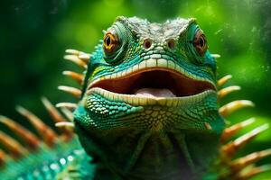 lagartija reptil iguana animal fauna silvestre retrato verde de cerca lentes escala. generativo ai. foto