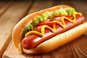 fast dog american snack sausage sauce hot bread meat background food. Generative AI. photo