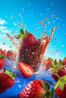 fruit background strawberry healthy food red freshness fresh blue water splash. Generative AI. photo