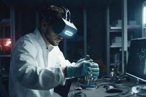 man 3d technology future glasses robot virtual three-dimensional engineer innovation computer robotic. . photo