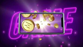 app Jeu arrière-plan, 3d pièce de monnaie Contexte avec mobile application, gagner argent avec mobile video