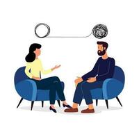 Overcome psychotherapy scene between woman and psychiatrist flat vector illustration.