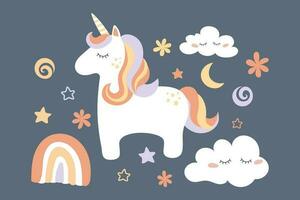 mágico linda unicornio con nubes, estrellas y arcoíris, guardería Arte garabatear vector ilustración